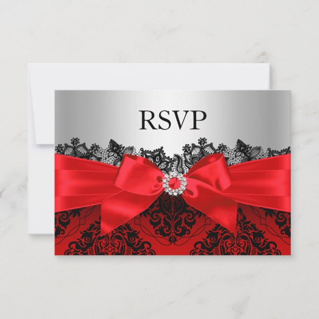 Red Lace Damask & Bow RSVP (Front)