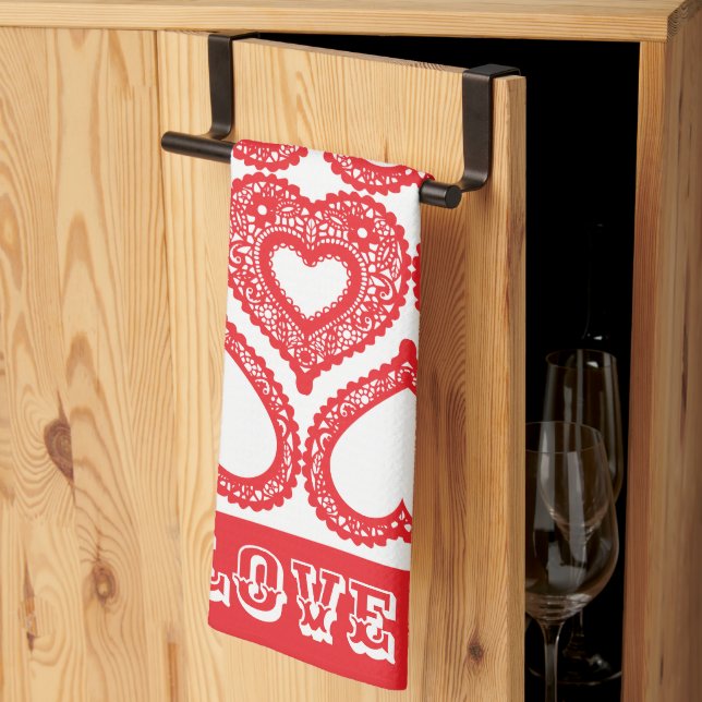 Red Lace Heart Kitchen Towels (Thirds Fold)