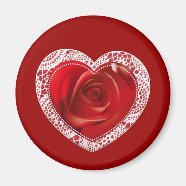 Red Lace Heart round magnet (Front)