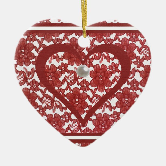 Red Lace Pattern Valentine's Ceramic Ornament (Front)
