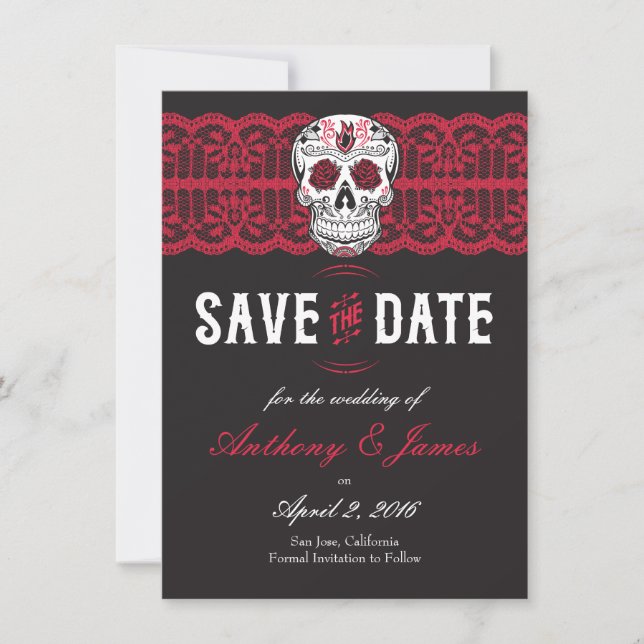 Red Lace Sugar Skull Save the Dates 4.5x6.25 Date (Front)