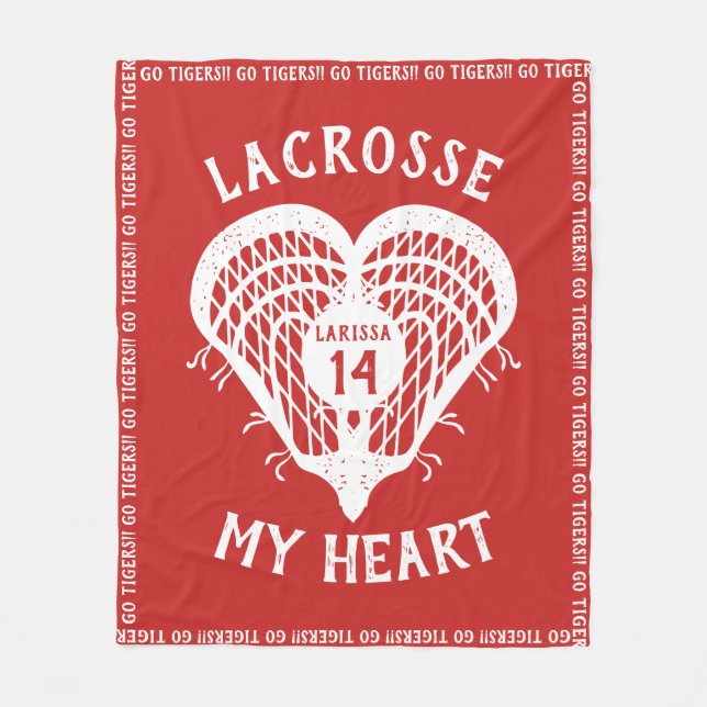 Red Lacrosse My Heart Fleece Blanket (Front)