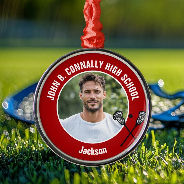 Red Lacrosse Player Photo High School Christmas Metal Ornament (Creator Uploaded)