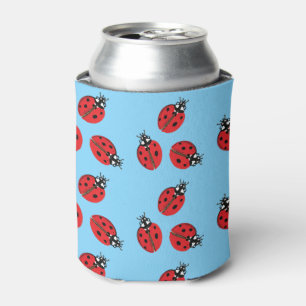 Red Lady Bug Illustration Light Blue Can Cooler