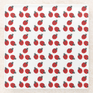 Red Lady Bug Illustration White Glass Coaster