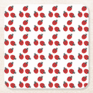 Red Lady Bug Illustration White Square Paper Coaster
