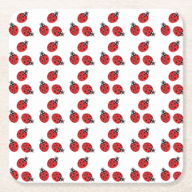 Red Lady Bug Illustration White Square Paper Coaster (Front)