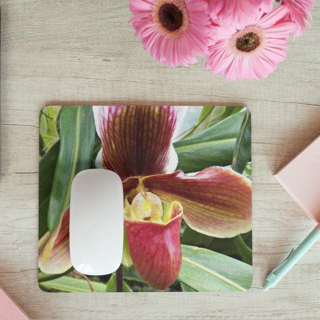 Red Lady Slipper Orchid Floral Mouse Pad (In Situ)
