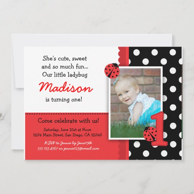Red ladybug 1st Birthday Invitations (Front)