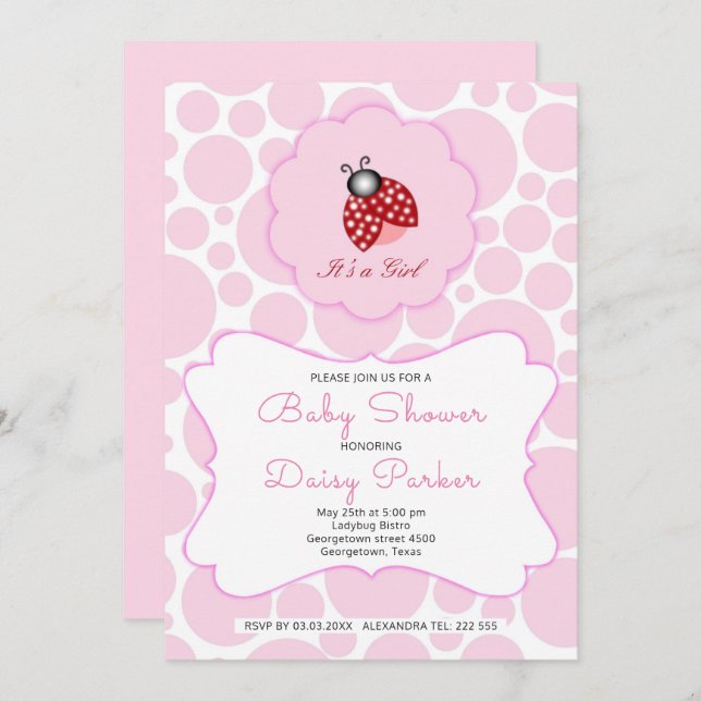Red Ladybug And Pink Circles Invitation (Front/Back)