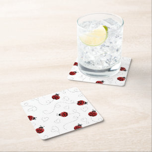 Red Ladybug Beetle Insect Lover Black Hearts Square Paper Coaster