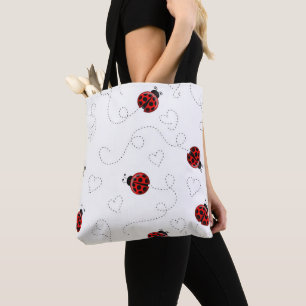 Red Ladybug Beetle Insect Lover Black Hearts Tote Bag