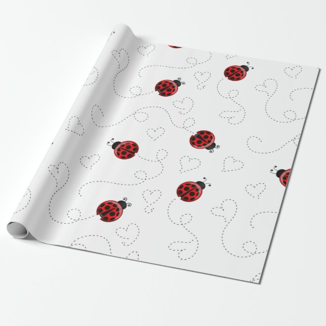 Red Ladybug Beetle Insect Lover Black Hearts Wrapping Paper (Unrolled)