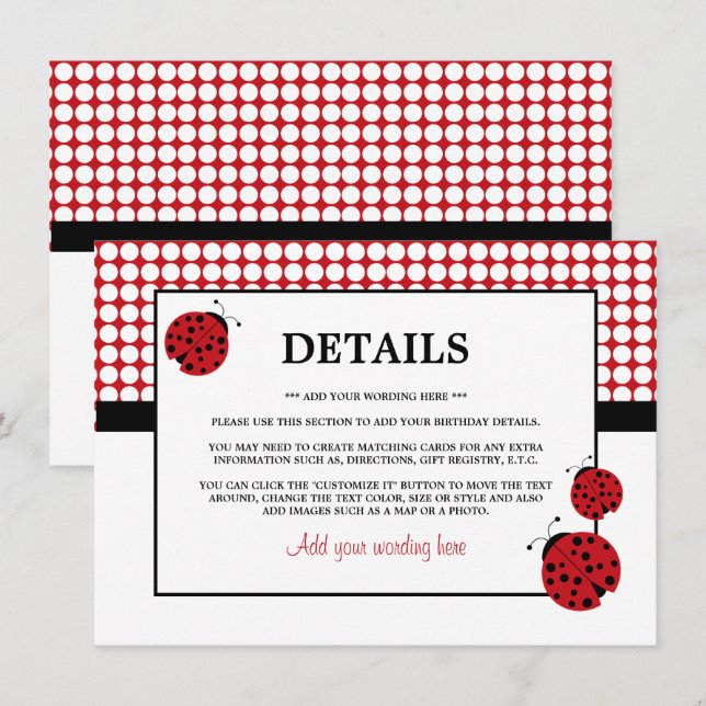 Red Ladybug Children's Birthday Party Detail Invitation (Front/Back)
