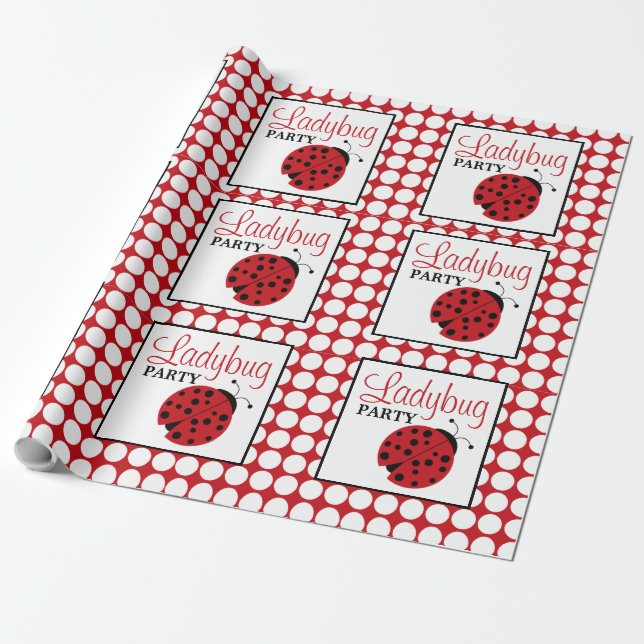 Red Ladybug Children's Birthday Party Wrapping Paper (Unrolled)