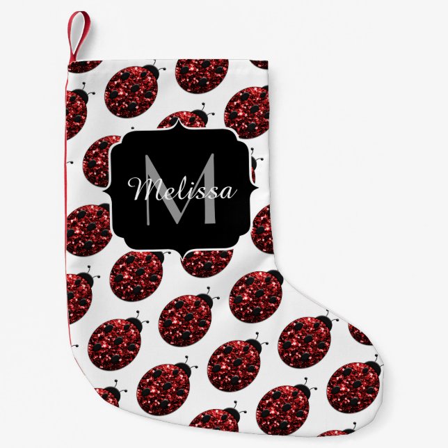 Red ladybug faux glitter sparkles Custom Monogram Small Christmas Stocking (Front)