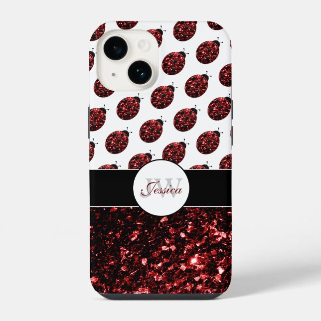 Red ladybug faux glitter sparkles pattern Monogram iPhone Case (Back)
