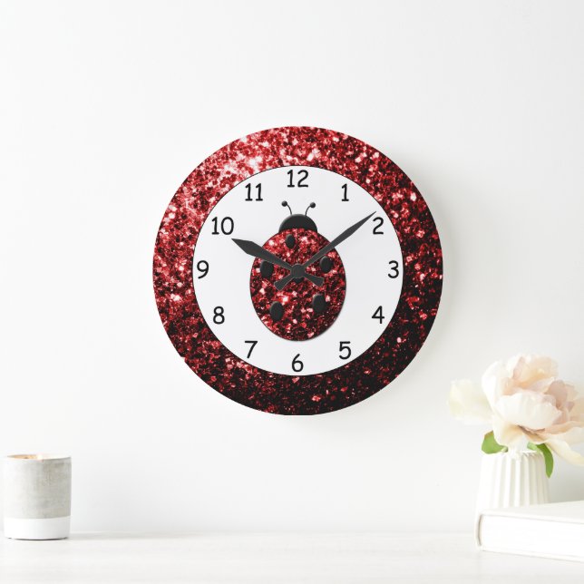 Red ladybug ladybird glitter sparkles print large clock (Home)