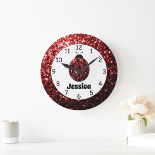 Red ladybug ladybird sparkles Custom name print Large Clock