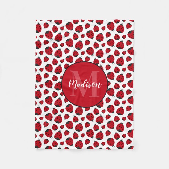 Red Ladybug Pattern Personalised Girl Fleece Blanket (Front)