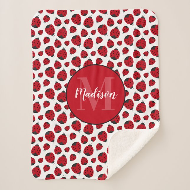Red Ladybug Pattern Personalised Girl Sherpa Blanket (Front)