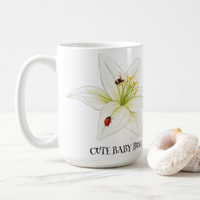 Red Ladybug pink Lily Flower custom name kid girl  Coffee Mug (With Donut)
