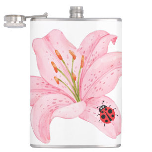 Red Ladybug pink Lily Flower custom name kid girl Hip Flask