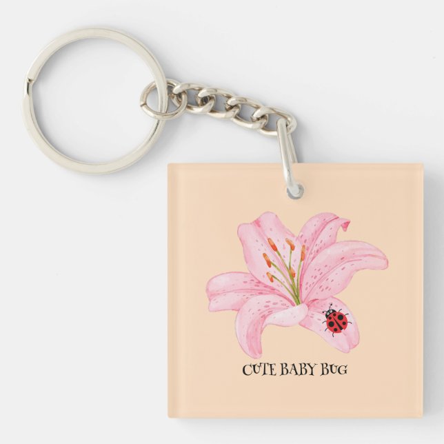 Red Ladybug pink Lily Flower custom name kid girl  Key Ring (Front)