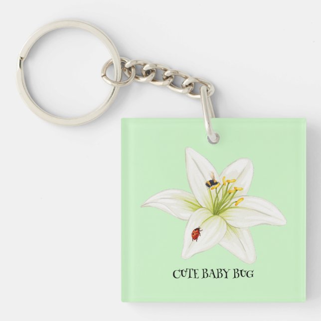 Red Ladybug pink Lily Flower custom name kid girl  Key Ring (Front)