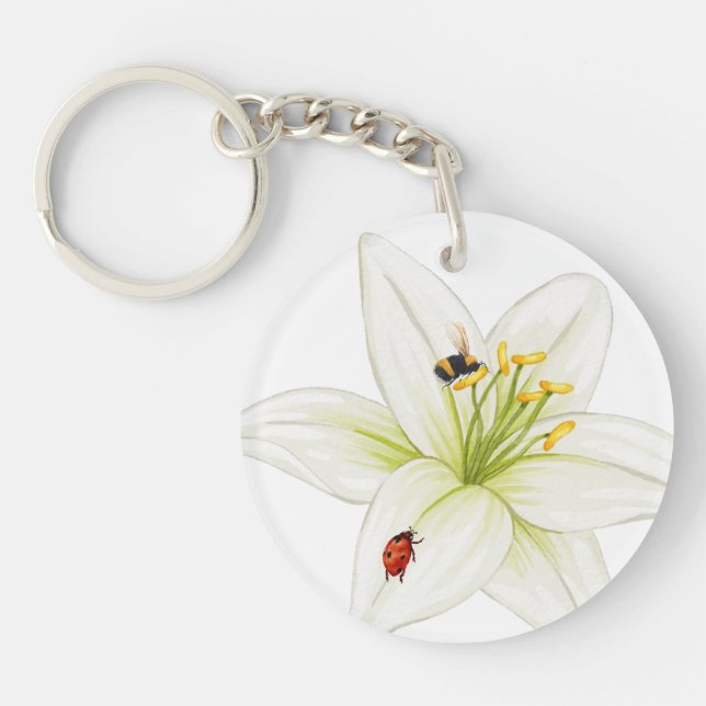 Red Ladybug pink Lily Flower custom name kid girl  Key Ring (Front)