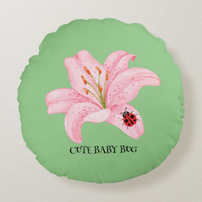 Red Ladybug pink Lily Flower custom name kid girl  Round Cushion (Front)