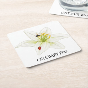 Red Ladybug pink Lily Flower custom name kid girl Square Paper Coaster