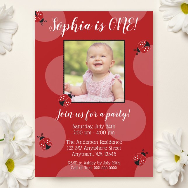 Red Ladybug Polka Dot Birthday Photo Invitations (Creator Uploaded)