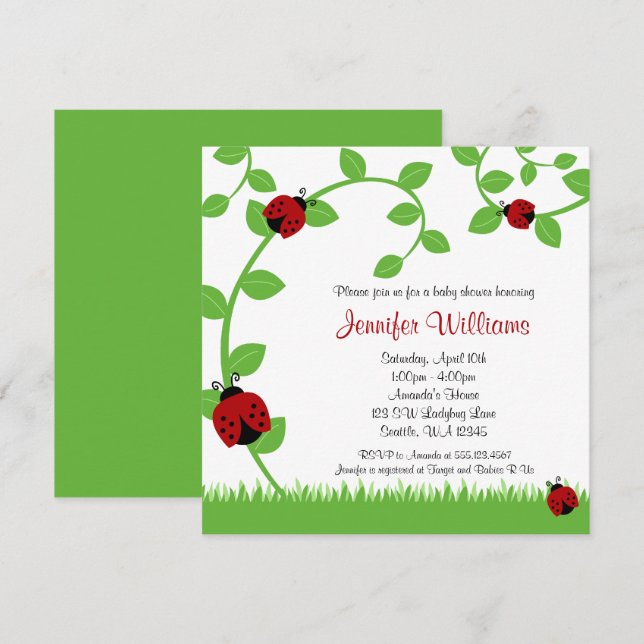 Red Ladybug Vines Baby Shower Invitations (Front/Back)