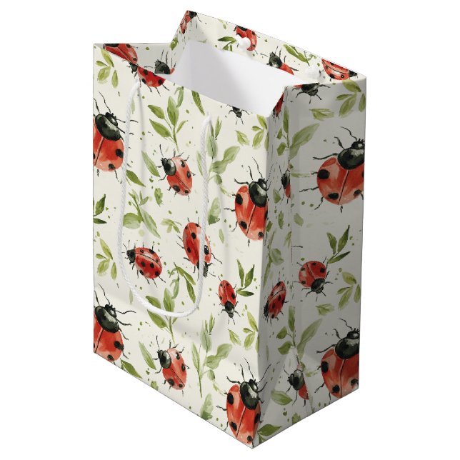 Red Ladybugs Birthday Medium Gift Bag (Front Angled)