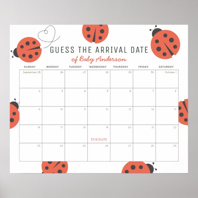 Red Ladybugs Guess The Due Date Calendar Poster (Front)