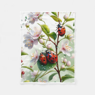 Red Ladybugs On Delicate White Blossoms Fleece Bla Blanket
