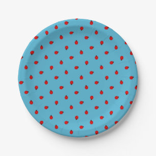 Red Ladybugs Polka Dot Pattern on Blue Paper Plate