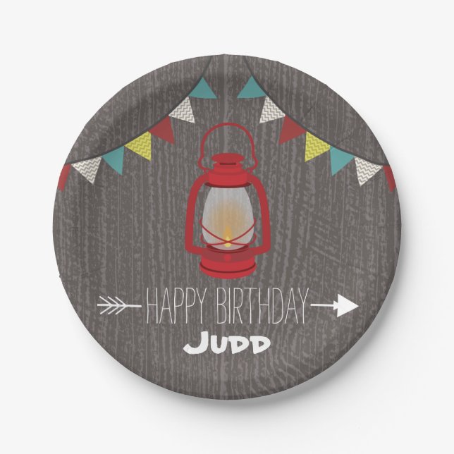 Red Lantern Camping Birthday Paper Plate (Front)