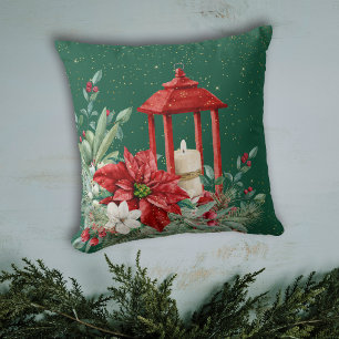 Red Lantern Candle Poinsettia Bouquet Cushion