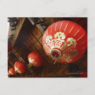 red lanterns hanging from temple roof postcard