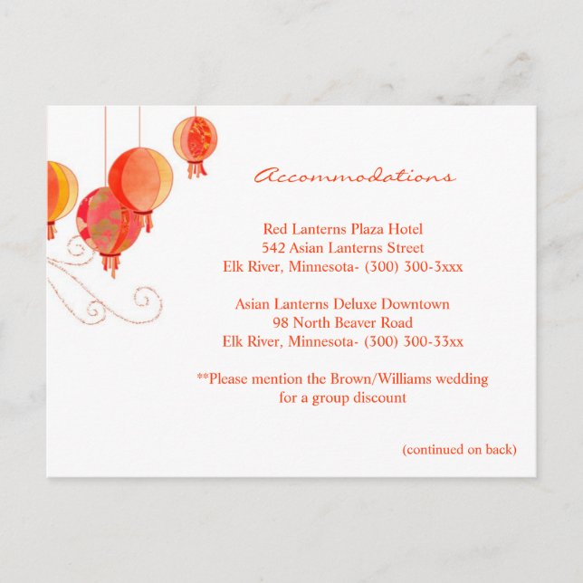 Red Lanterns Wedding Accommodations & Directions Postcard (Front)