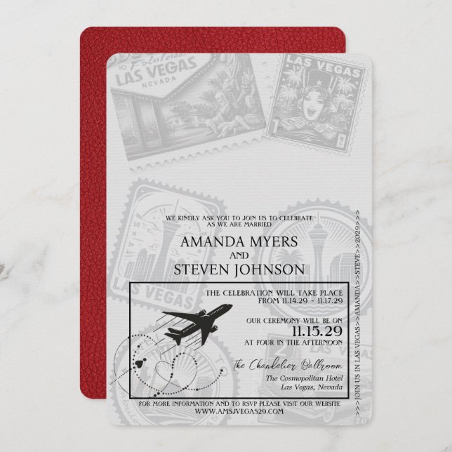 Red Las Vegas Passport Wedding Invitation (Front/Back)