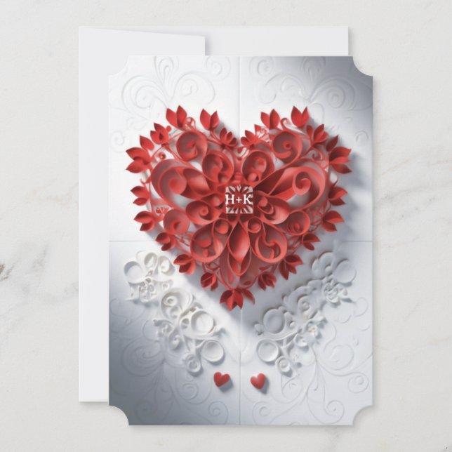 Red Laser Cut Paper Heart with Initials in Centre Invitation (Front)