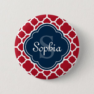 Red Lattice Pattern Navy Monogram 6 Cm Round Badge