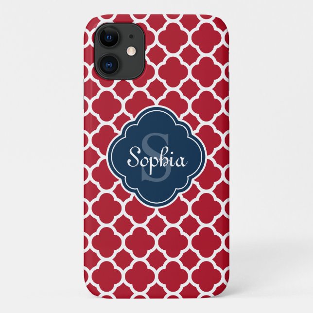 Red Lattice Pattern Navy Monogram Case-Mate iPhone Case (Back)