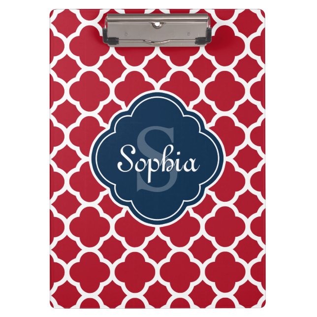 Red Lattice Pattern Navy Monogram Clipboard (Front)