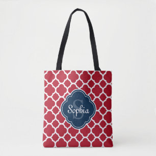 Red Lattice Pattern Navy Monogram Tote Bag