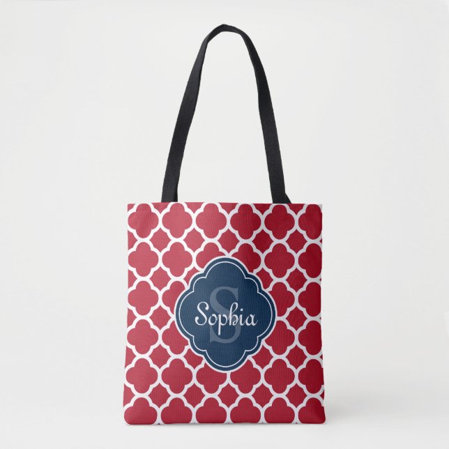 Red Lattice Pattern Navy Monogram Tote Bag (Front)