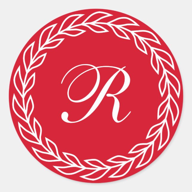 Red Laurel Wreath with Custom Monogram Classic Round Sticker (Front)